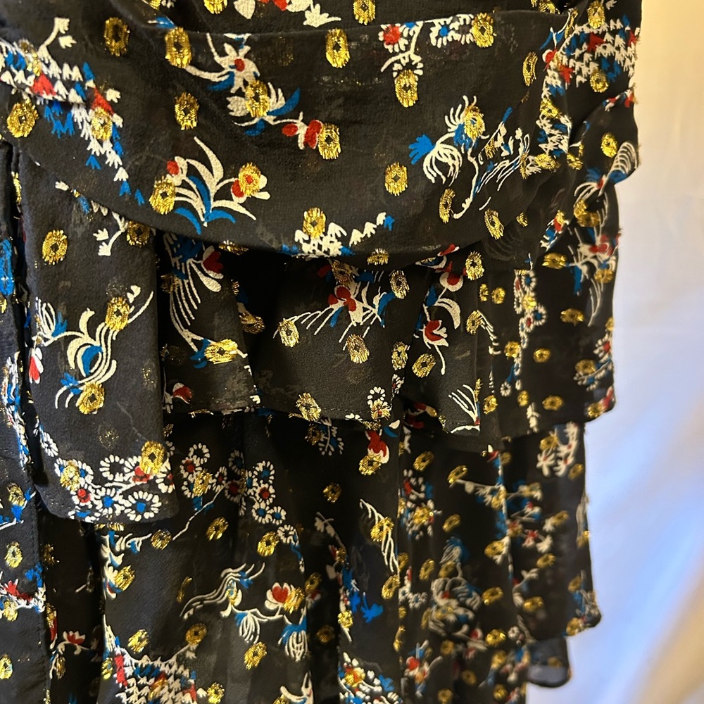 Veronica Beard Silk Gold Red Blue Black Ruffle Tiered Asymmetrical Dress Skirt - Picture 5 of 11